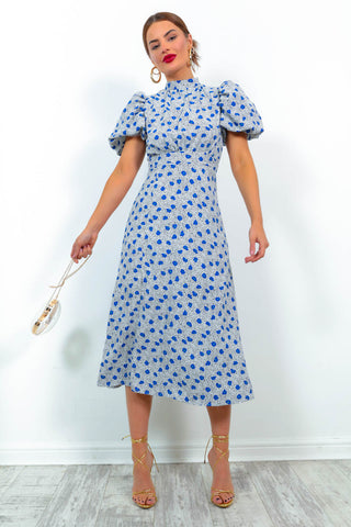 Got The Flower - Blue Ditsy Print Midi Dress