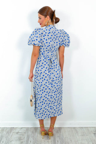 Got The Flower - Blue Ditsy Print Midi Dress