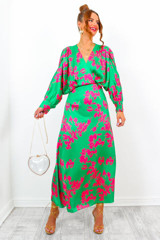In My Imagination - Green Pink Floral Batwing Midi Dress