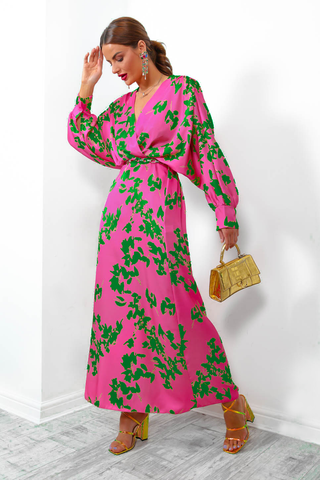 In My Imagination - Pink Green Floral Batwing Midi Dress