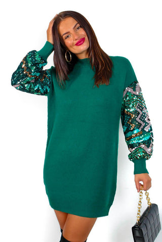 On Thin Ice - Forest Green Sequin Sleeve Jumper Dress