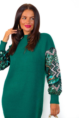 On Thin Ice - Forest Green Sequin Sleeve Jumper Dress