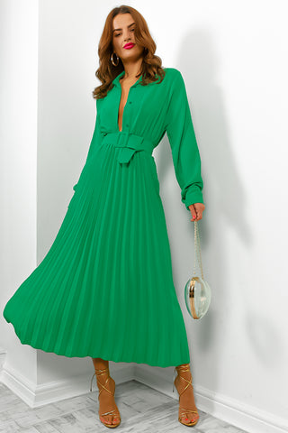 Pleat Me At Midnight - Green Pleated Midi Dress