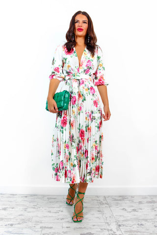 Watch Her Bloom - White Floral Pleated Midi Dress