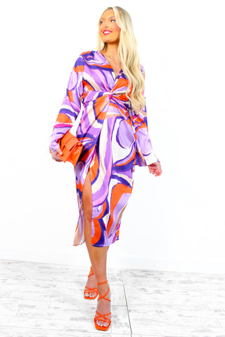 Whole Knot Of Style - Purple Abstract Swirl Knot Front Midi Dress