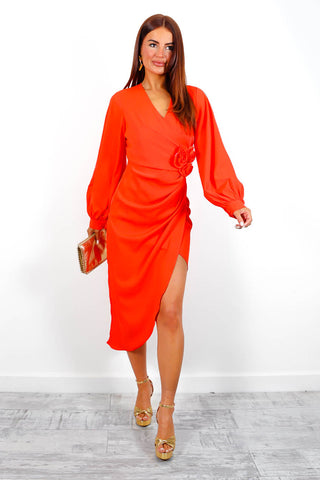 A Class Of Your Own - Orange Corsage Detail Midi Dress