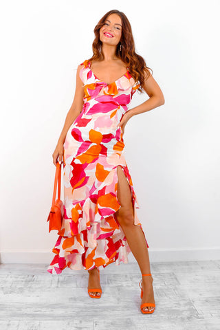 After Floral - Cream Pink Floral Ruffle Maxi Dress