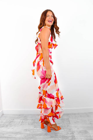 After Floral - Cream Pink Floral Ruffle Maxi Dress