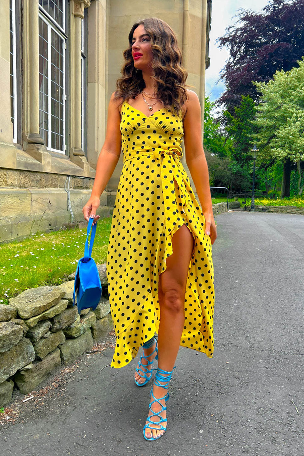 Yellow Polka Dot Tie-Front Midi Dress — bows & sequins