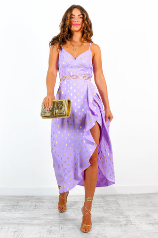 All Eyes On Her - Lilac Gold Foil Spot Frilled Maxi Dress