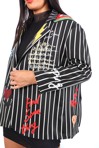 All Guns Blazing - Black White Stripe Graphic Print Blazer