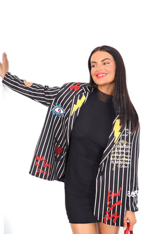 All Guns Blazing - Black White Stripe Graphic Print Blazer