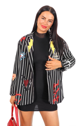 All Guns Blazing - Black White Stripe Graphic Print Blazer