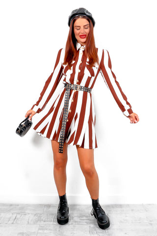 Always Chic - Brown Cream Striped Mini Shirt Dress