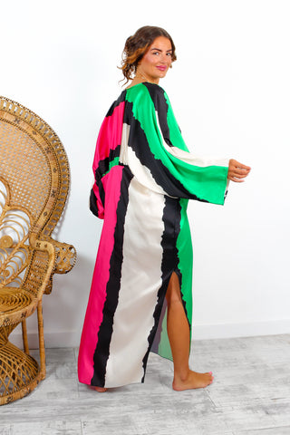 Anything But Ordinary - Pink Green Monochrome Abstract Print Batwing Midi Dress