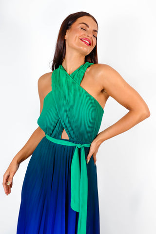 Artemis - Green Blue Ombre Pleated Maxi Dress