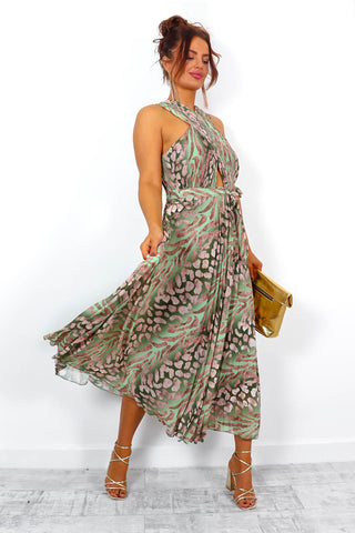 Artemis - Olive Animal Print Pleated Midi Dress