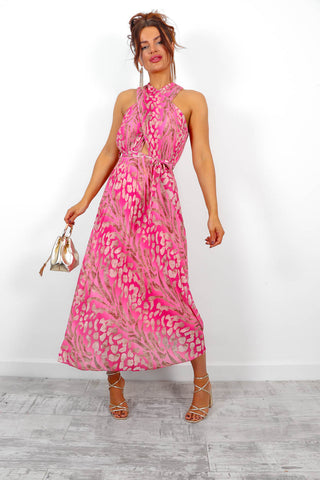 Artemis - Pink Animal Print Pleated Midi Dress
