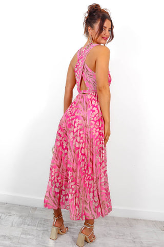 Artemis - Pink Animal Print Pleated Midi Dress