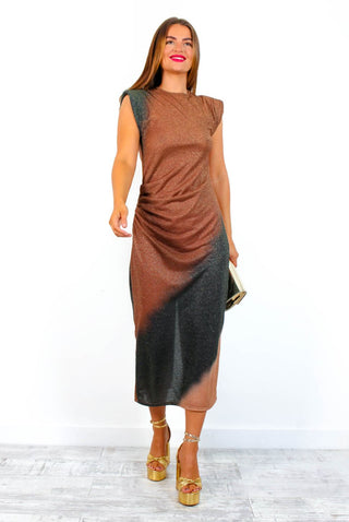 Beat The Ruche - Bronze Charcoal Lurex Midi Dress