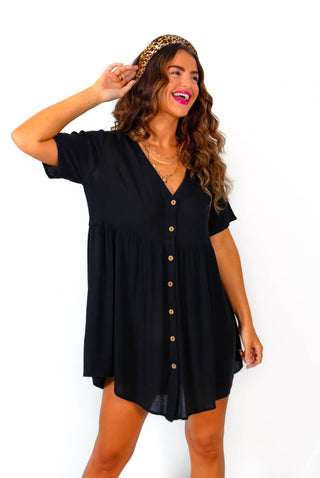 Beat You To It - Black Button Up Smock Mini Dress