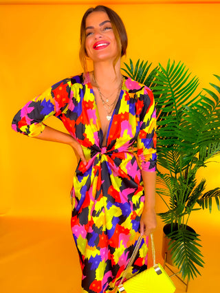 Best Intentions - Pink Yellow Printed Midi Wrap Dress