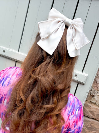 Bow Bye - Cream Diamante Satin Bow Hair Clip