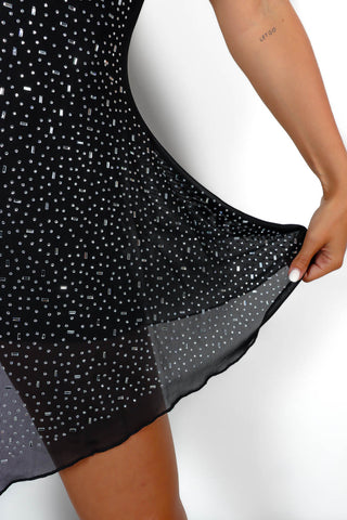 Bring The Sparkle - Black Diamante Mesh Mini Dress