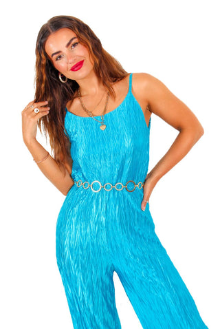 Can You Keep Up - Teal Blue Plisse Jumpsuit