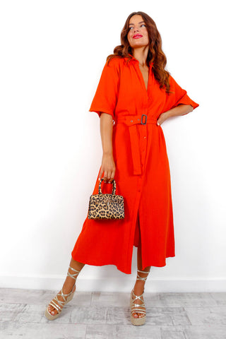 Cant Help Myself - Orange Midi Shirt Belt Dress