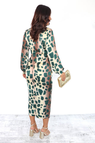 Can't Ruche Me - Green Beige Giraffe Print Midi Dress