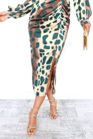 Can't Ruche Me - Green Beige Giraffe Print Midi Dress