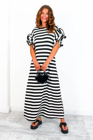 Casual Feelings - White Black Stripey Ruffle Sleeve Maxi Dress