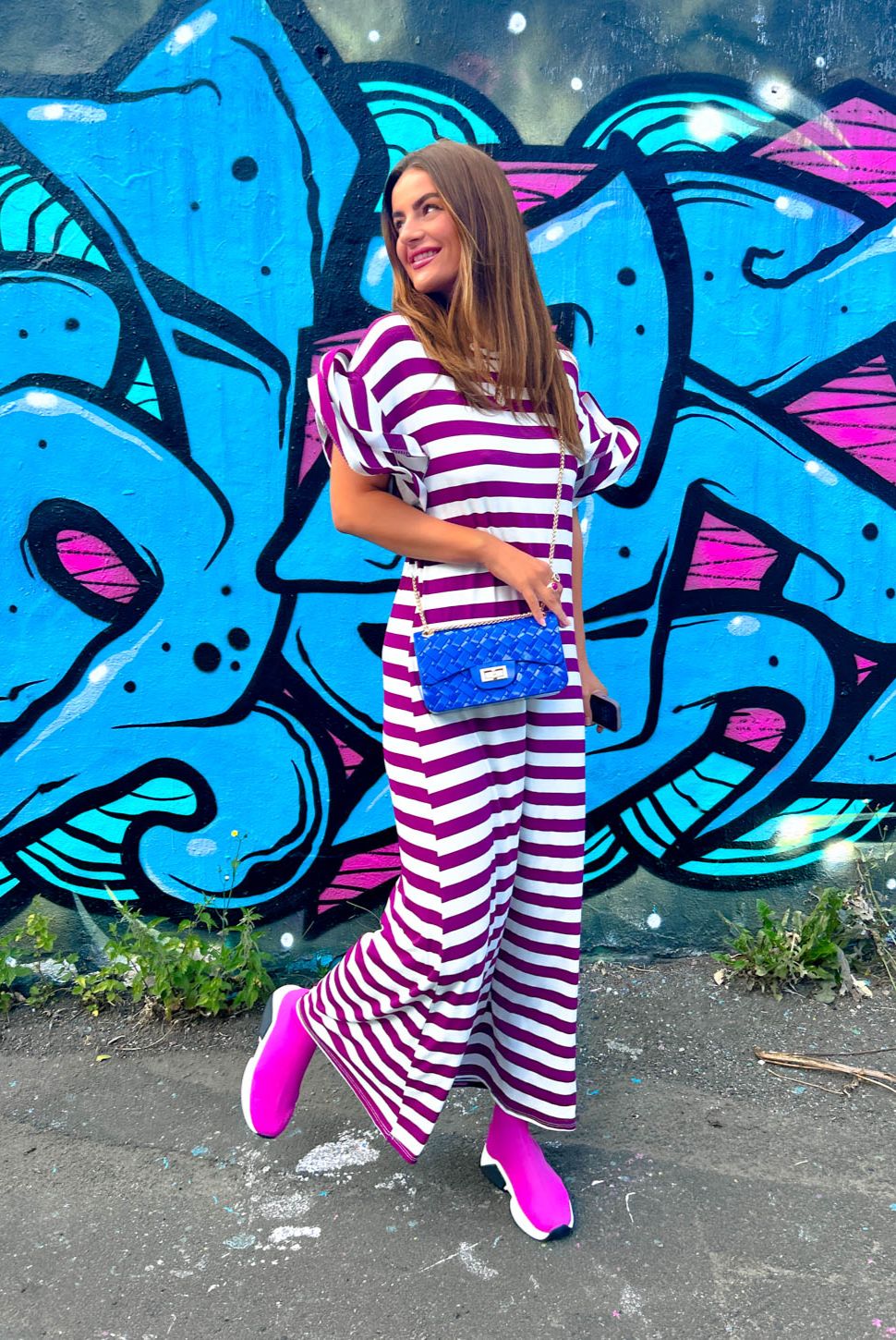 Casual Feelings - White Magenta Stripey Ruffle Sleeve Maxi