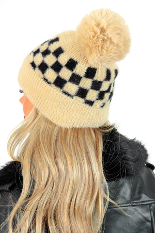 Check It Out - Cream Black Checkerboard Pom Pom Hat
