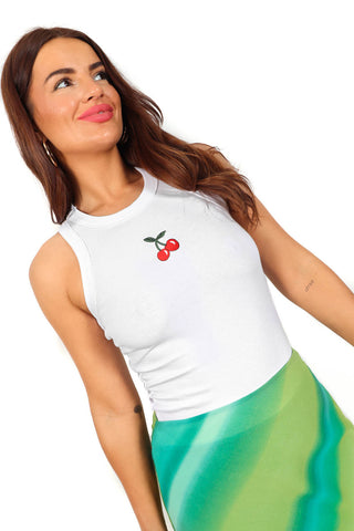 Cherry Cute  - White Red Cherry Print Ribbed Tank Top