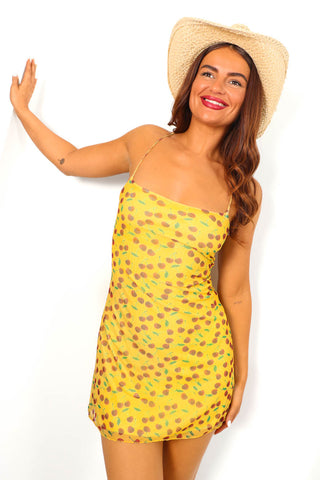 Cherry Go Round - Yellow Cherry Print Mesh Cami Mini Dress