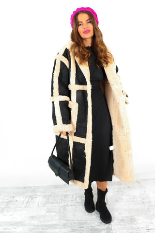 Chic And Cosy - Black Cream Faux Shearling Longline Coat