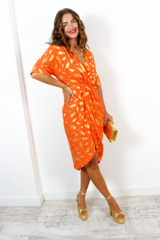 Cocktail OClock - Orange Gold Feather Midi Dress