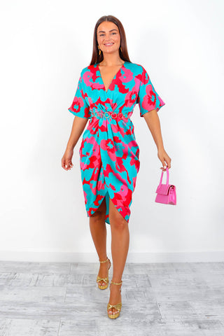 Cocktail O'Clock - Turquoise Pink Print Midi Dress