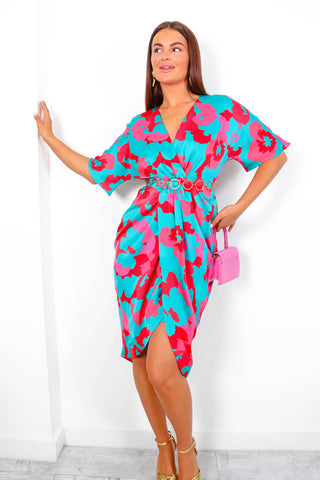 Cocktail O'Clock - Turquoise Pink Print Midi Dress