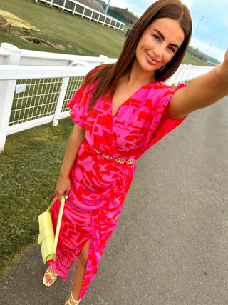 Colour Me Floral - Abstract Pattern Fuchsia Red Midi Dress