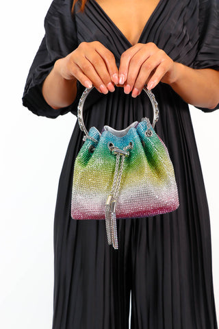 Colour Me In Diamonds - Multi Rainbow Diamante Top Handle Sack Bag