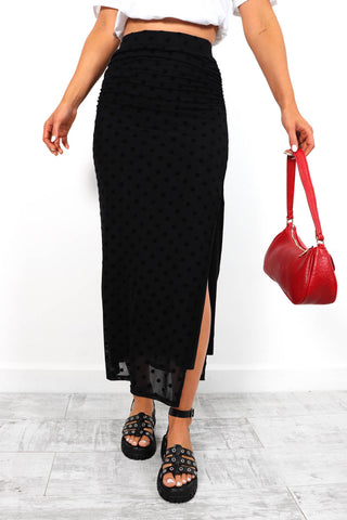 The Sheer Audacity - Black Polka Dot Mesh Midi Skirt