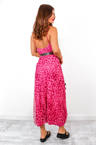 Cowl Me Baby - Pink Leopard Mesh Cowl Maxi Dress
