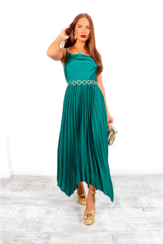 Cowl Me, Maybe? - Forest Cowl Neck Satin Pleated Midi Dress