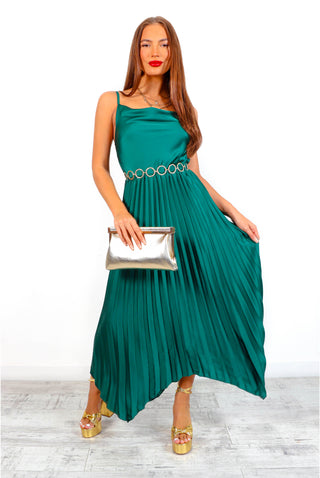 Cowl Me, Maybe? - Forest Cowl Neck Satin Pleated Midi Dress