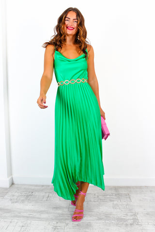 Cowl Me, Maybe? - Green Cowl Neck Satin Pleated Midi Dress