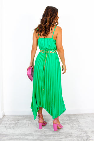 Cowl Me, Maybe? - Green Cowl Neck Satin Pleated Midi Dress
