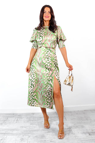 Cuff It Up - Olive Leopard Print Midi Dress